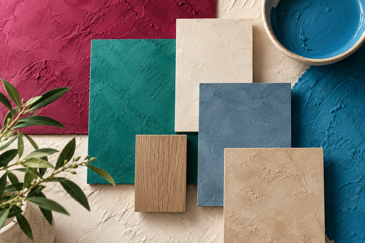 Layered architectural colour samples, painted plaster and timber material finishes