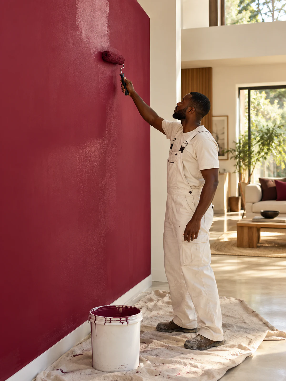 Professional painter applying a deep berry finish to an interior wall