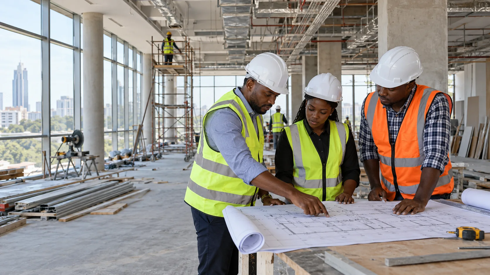Three Kenyan commercial project specialists reviewing architectural plans inside an active fit-out.