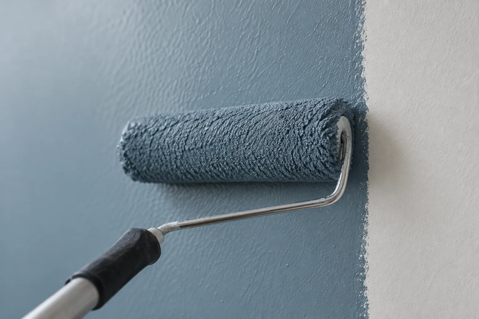 Close-up of a paint roller applying an even blue-grey wall coating.