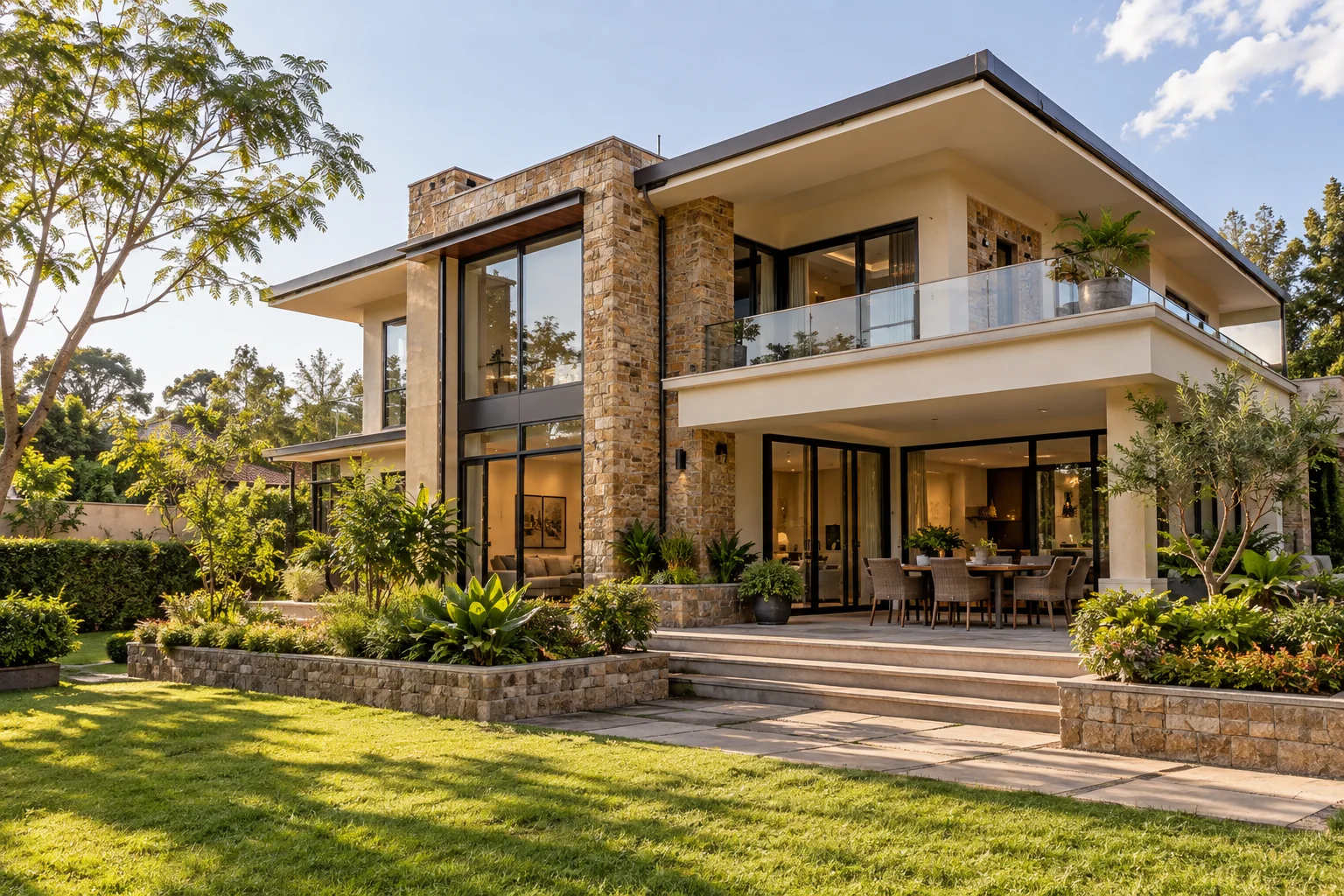 Contemporary Nairobi residence with natural stone, warm plaster and landscaped gardens.