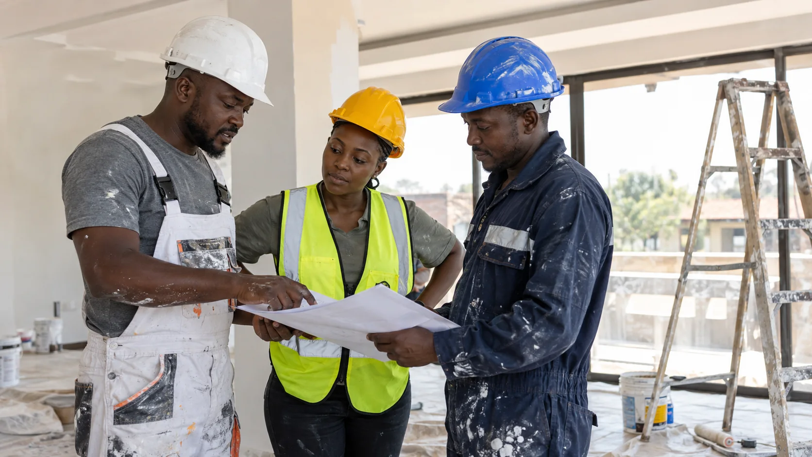 Three Kenyan painting and construction specialists discussing project plans inside a bright work environment.