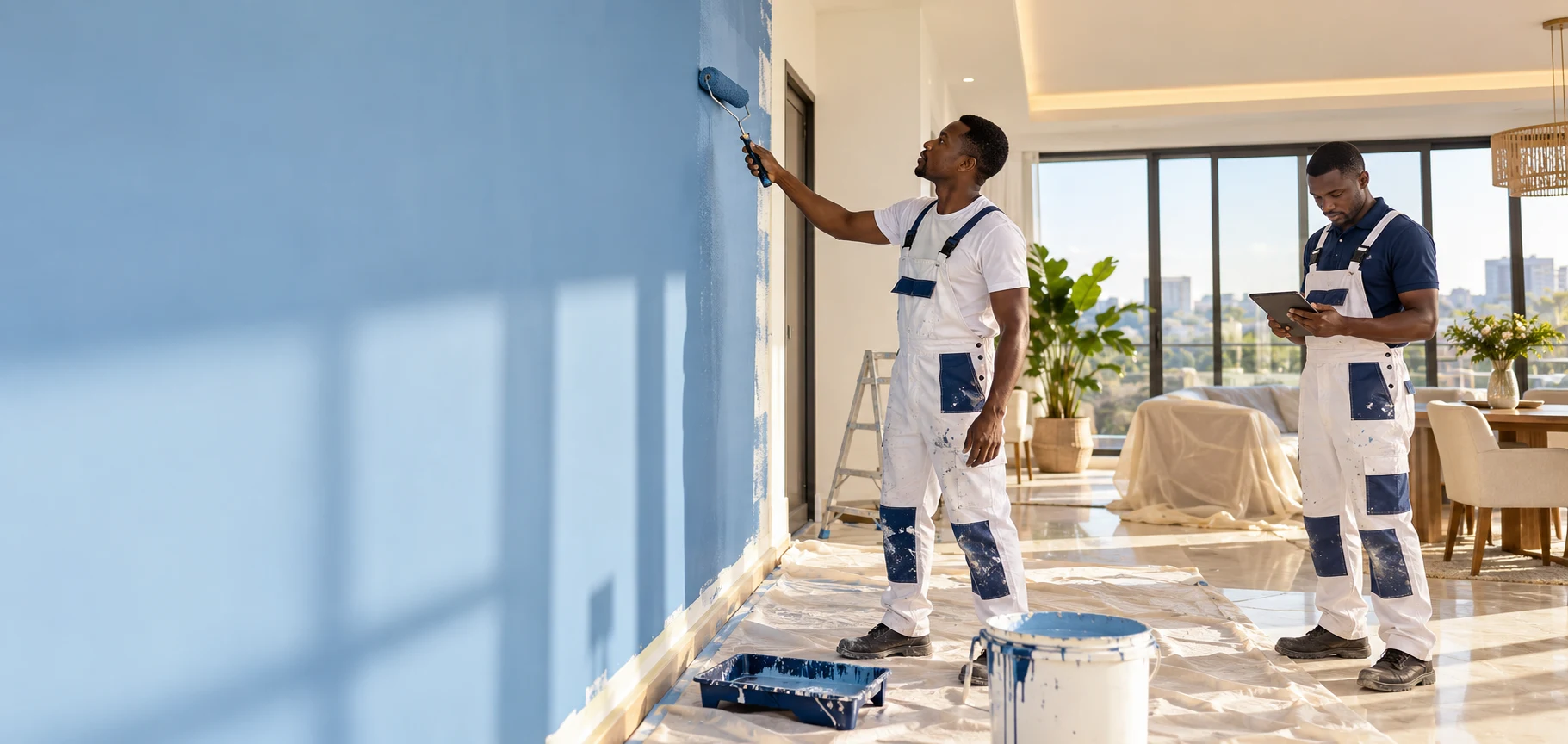 Professional painters applying and inspecting a wall finish inside a bright interior.